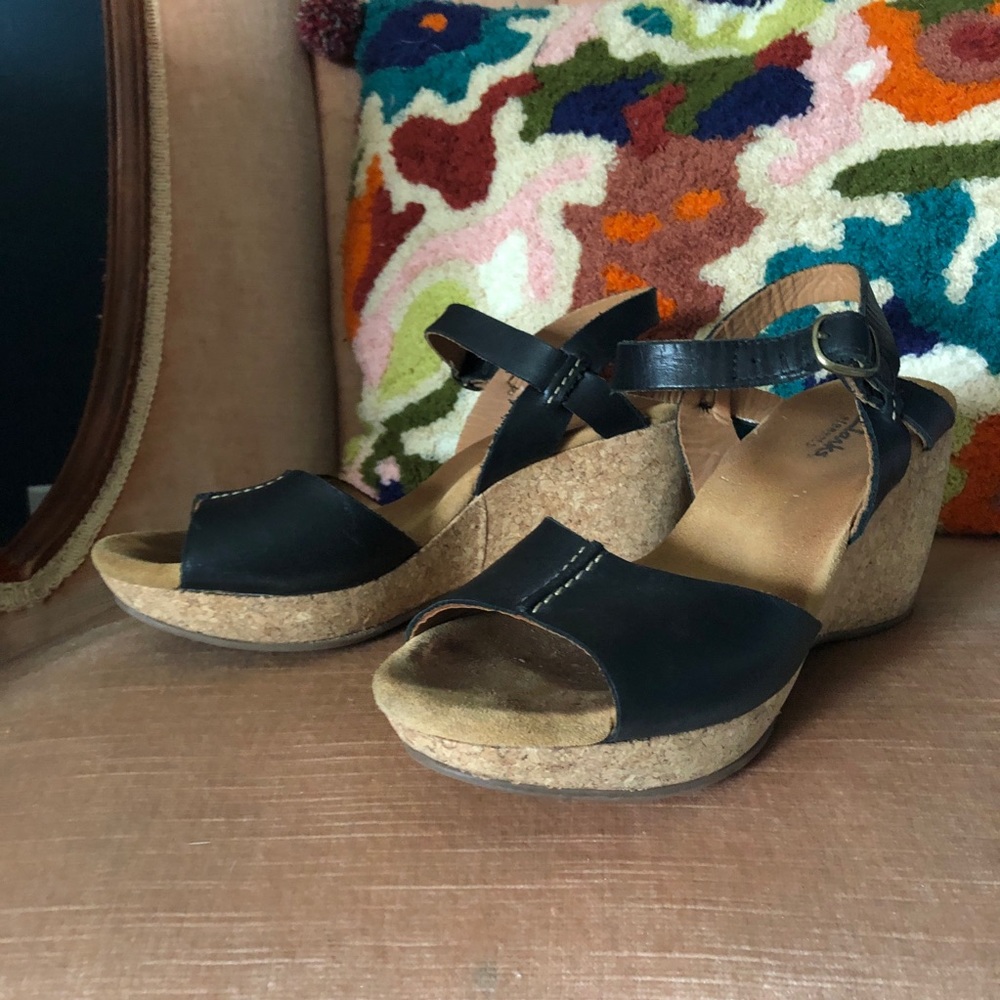 Clarks  Black Leather Wedge Sandal